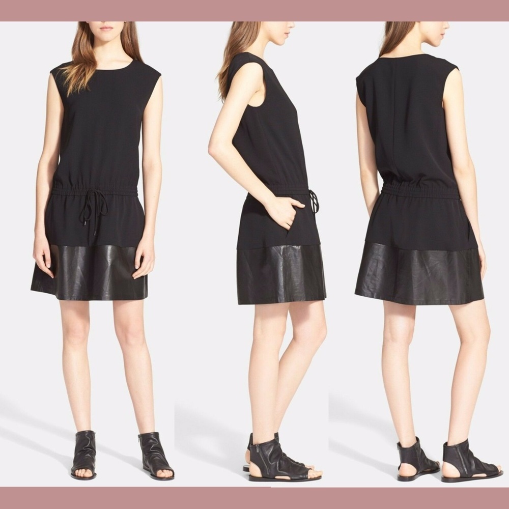 NEW $495 VINCE [ XS ] Leather Trim Contrast Band‎ Dress in Black